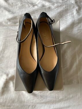 Franco Sarto Black Pointed Leather Ankle-Strap Pumps